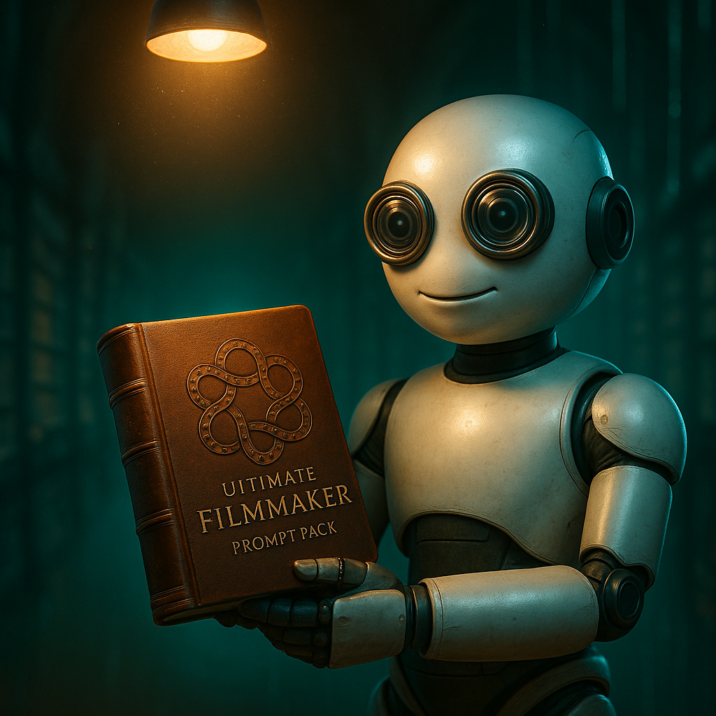 Prompt.Filmmaker robot mascot holding a prompt book